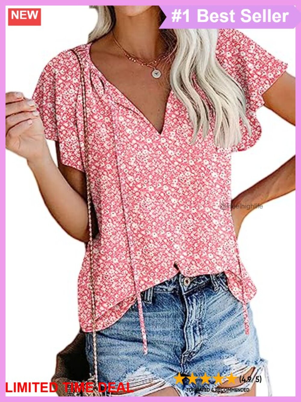 Boho Floral Chiffon V-Neck Blouse Short Flutter Sleeve Summer Top